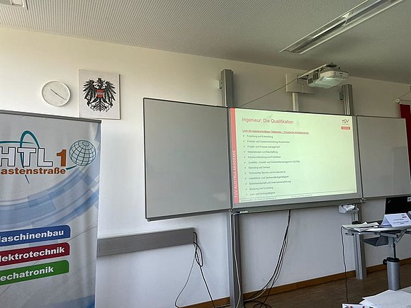 Seminarraum mit Rollup, Whiteboard und mittels Beamer projizierter Powerpoint-Präsentation.